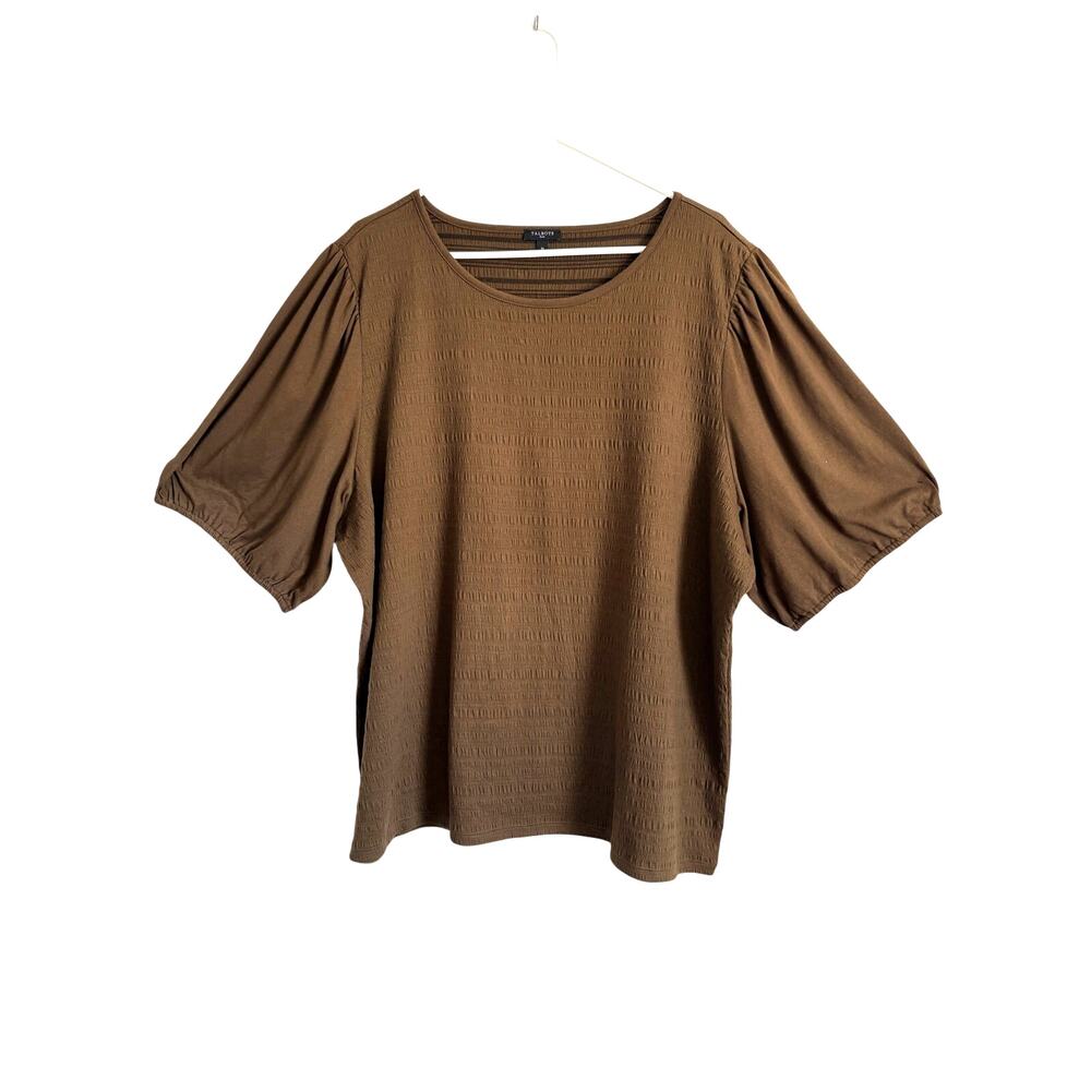 Talbots Pucker Knit Top Short 1/2 Puff Sleeves Olive Green 3X Cottagecore